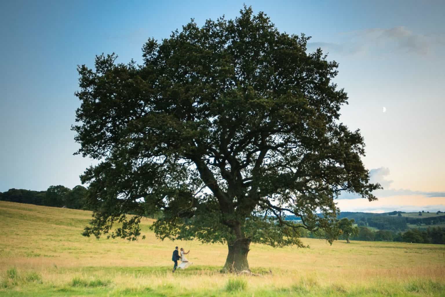 Richard-and-Kelly—A-Heathy-Lea-Wedding a couple on a swing on their wedding at heathy lea chatsworth estate