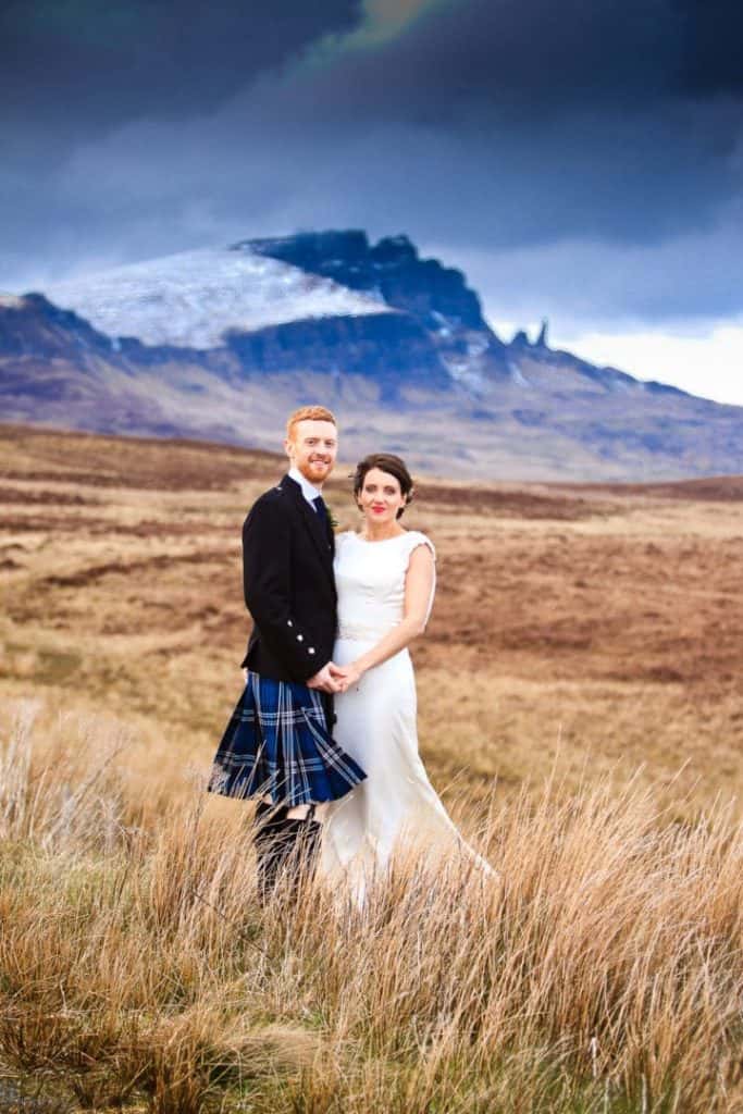 isle-of-skye-wedding-photography a bride and groom photographed at the old man of storr on the isle of skye