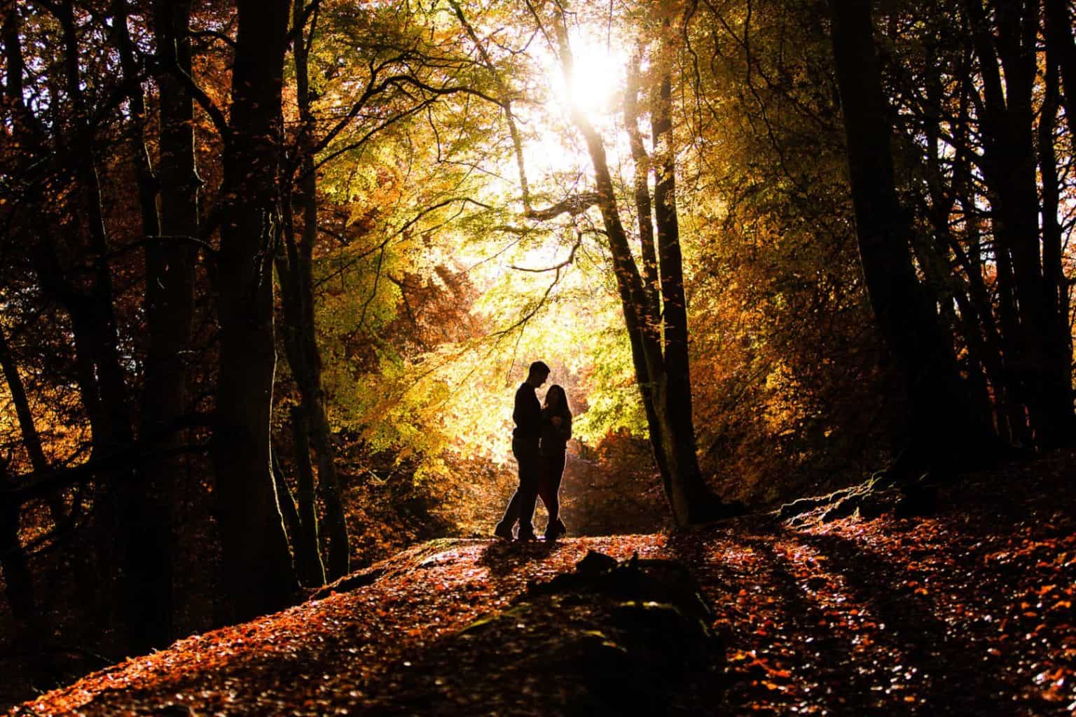 perthshire-engagement-photographer a couple stand in an autumn woodland in scotland